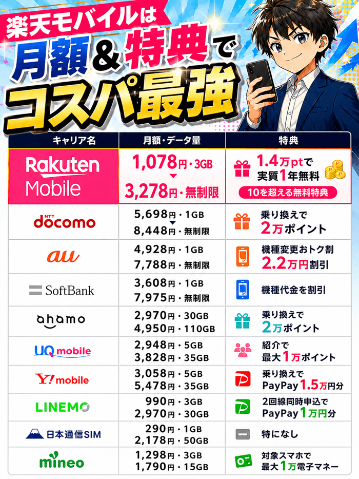 楽天モバイル料金比較表