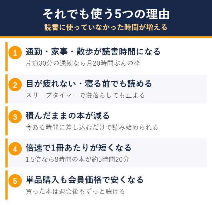 オーディブルを使う5つの理由の図解