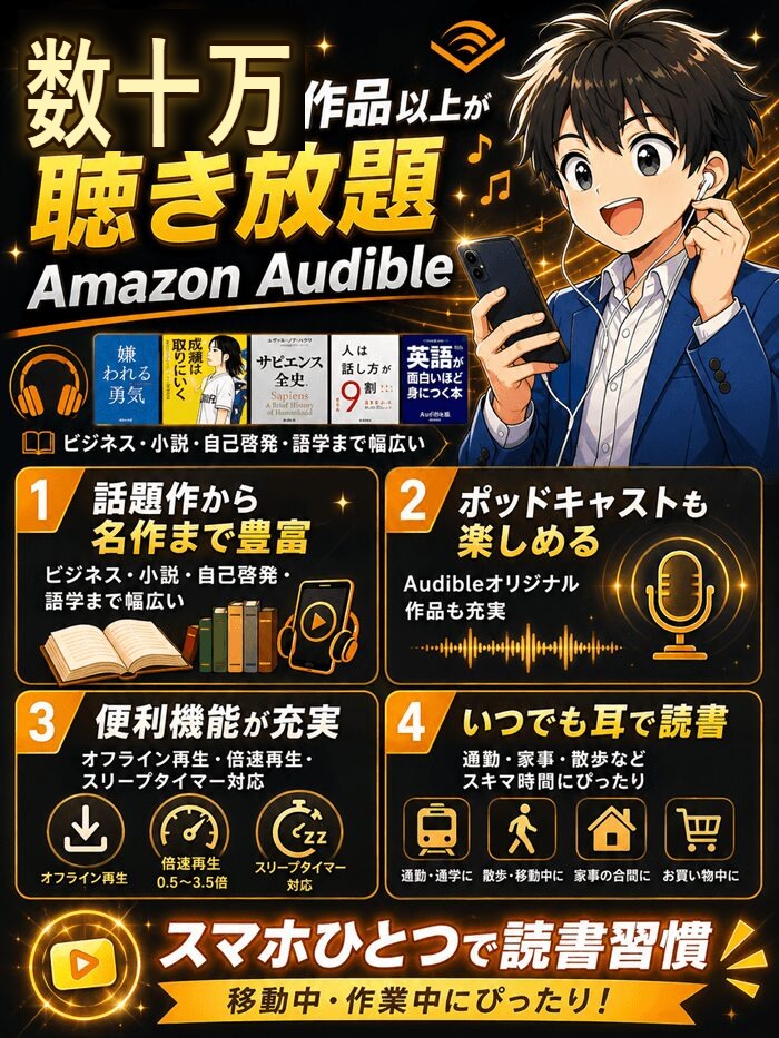 Amazon Audibleは数十万作品以上が聴き放題という案内