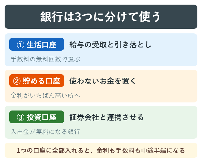 銀行を生活・貯める・投資の3口座に分ける図