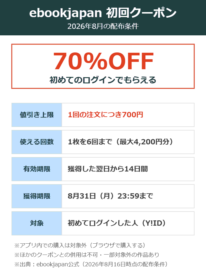 ebookjapan初回クーポンの条件まとめ(2026年8月・70%OFF・上限700円・6回まで・14日間有効)