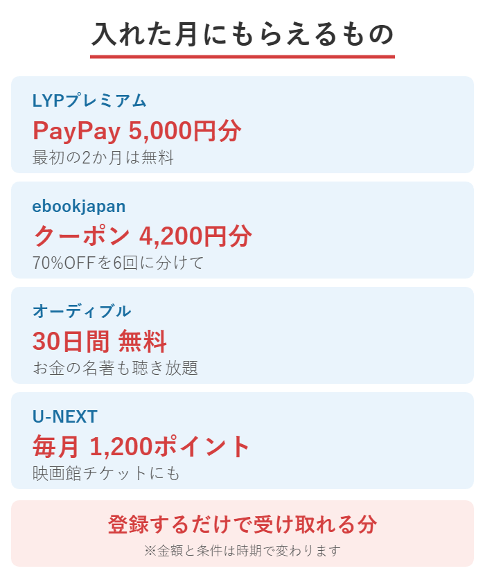 LYPプレミアム5,000円分・ebookjapan4,200円分・オーディブル30日無料・U-NEXT毎月1,200ptの特典一覧の図解