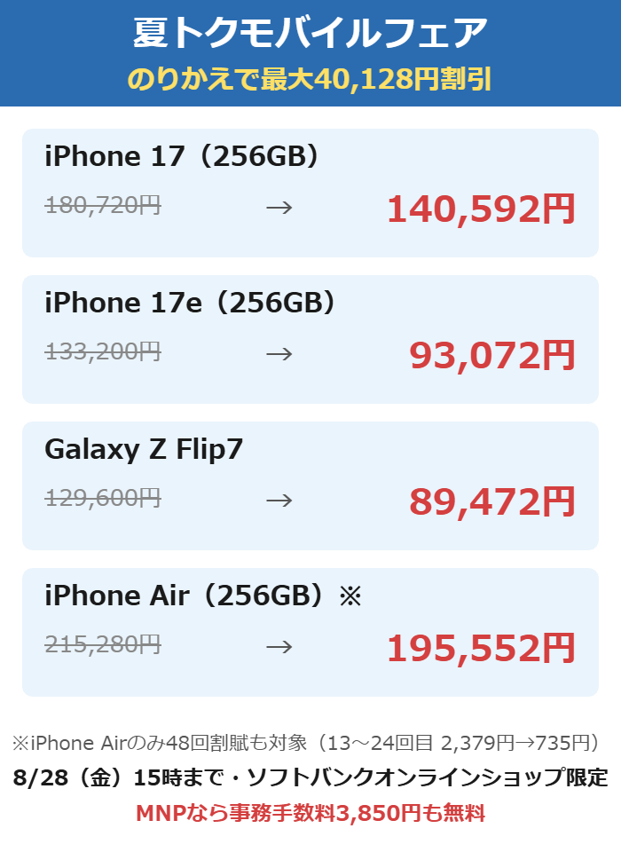 夏トクモバイルフェアの目玉4機種の割引額一覧(iPhone 17・17e・Galaxy Z Flip7・iPhone Air)