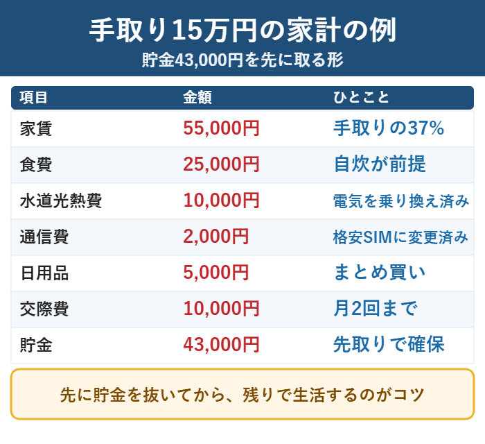 手取り15万円で毎月43,000円を貯金する場合の家計の内訳
