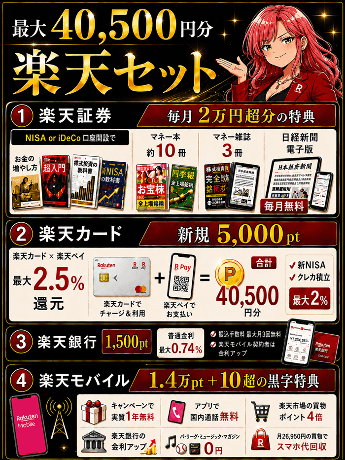 楽天証券・楽天カード・楽天銀行・楽天モバイルの4つで最大40,500円分の特典になることを示した図
