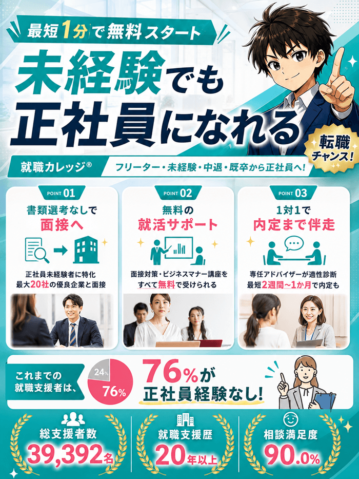 就職カレッジは未経験でも正社員になれる。書類選考なしで面接、無料の就活サポート、1対1で内定まで伴走