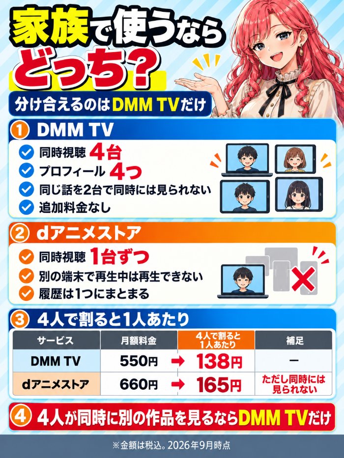 同時視聴はDMM TVが4台でdアニメストアは1台ずつ。家族4人で割るとDMM TVは1人138円