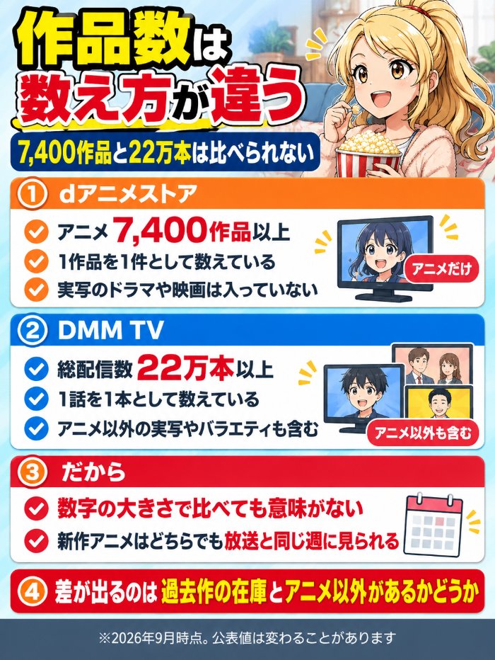 dアニメストアはアニメ7,400作品以上、DMM TVは総配信数22万本以上で数え方が違う