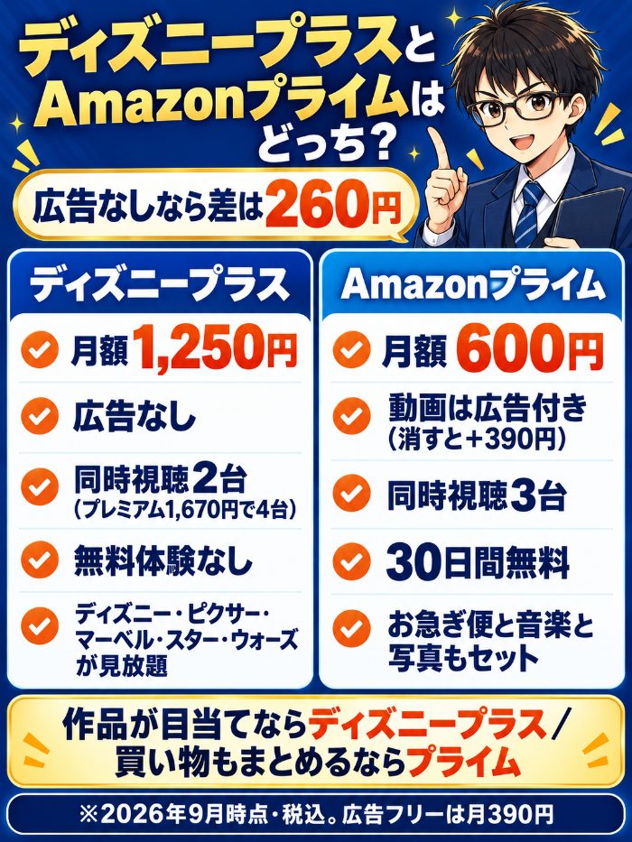 ディズニープラスとAmazonプライムはどっち。月額はディズニープラス1,250円とプライム600円で650円差だが、プライムの動画は広告付き。広告フリー390円を足すと990円で差は260円。年払いなら月160円差。ディズニー作品が目当てならディズニープラス、買い物もまとめるならプライム