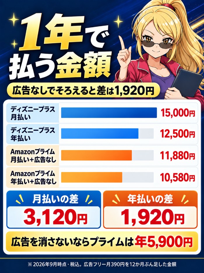 1年で払う金額。ディズニープラスは月払い15,000円・年払い12,500円、Amazonプライムは月払い7,200円・年払い5,900円。広告フリー390円を足したプライムは月払い11,880円・年払い10,580円で、年払いなら差は1,920円