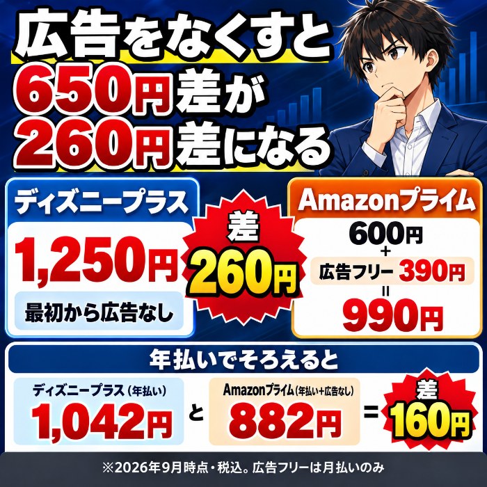 広告をなくすと650円差が260円差になる図。ディズニープラス1,250円は最初から広告なし、Amazonプライム600円は広告付きで、広告フリー390円を足すと990円。年払いのプライム492円に390円を足すと882円で、ディズニープラスの年払い1,042円との差は160円