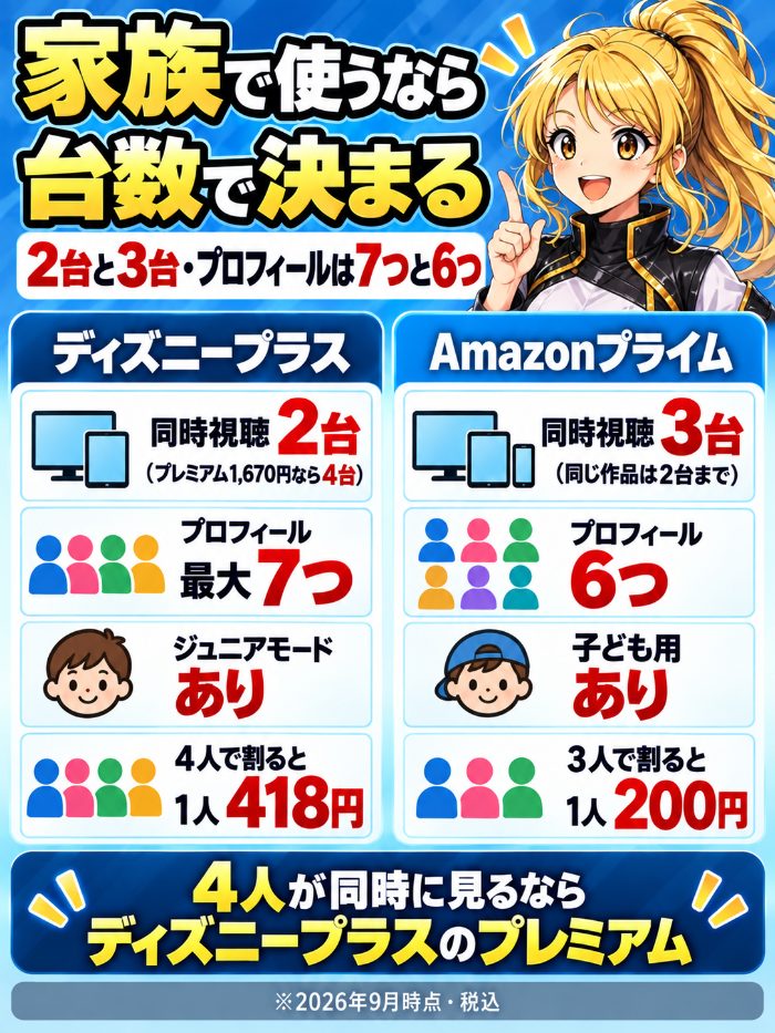 家族と同時視聴の違い。ディズニープラスはスタンダード2台・プレミアム4台でプロフィールは最大7つ、Amazonプライムは3台で同じ作品は2台までプロフィールは6つ。4人が同時に見るならディズニープラスのプレミアム1,670円で1人418円