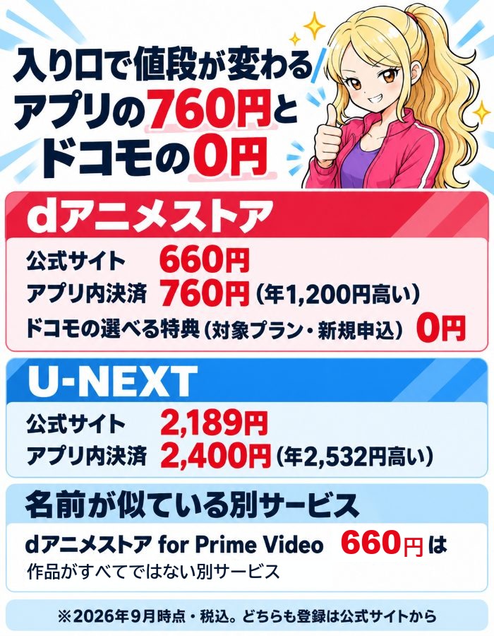 入り口で値段が変わる。dアニメストアはアプリ760円・ドコモの選べる特典で0円、dアニメストア for Prime Videoは660円で作品がすべてではない別サービス
