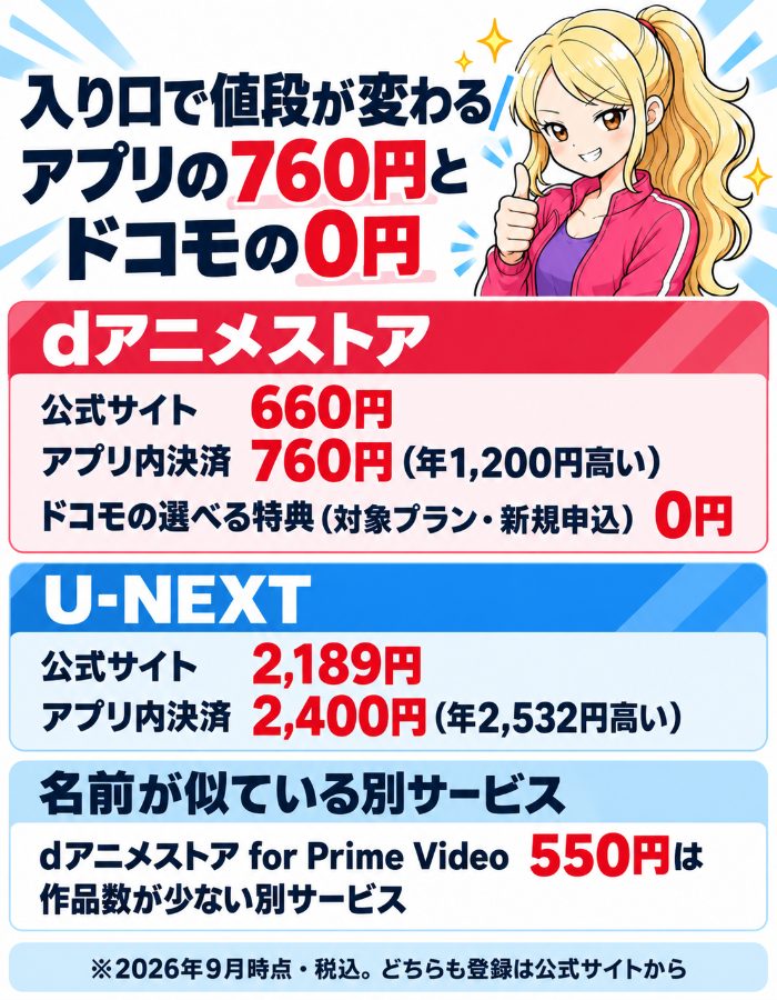dアニメストアは公式サイト660円・アプリ内決済760円・ドコモの選べる特典なら0円。U-NEXTは公式サイト2,189円・アプリ内決済2,400円。dアニメストア for Prime Video 550円は作品数が少ない別サービス