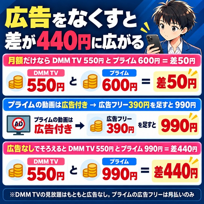 月額だけならDMM TV 550円とプライム600円で50円差だが、プライムの動画は広告付きで広告フリー390円を足すと990円になり、広告なしでそろえると差は440円に広がる