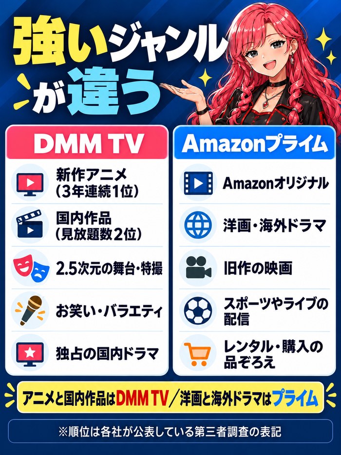 DMM TVが強いのは新作アニメ(3年連続1位)・国内作品(見放題数2位)・2.5次元の舞台と特撮・お笑いとバラエティ・独占の国内ドラマ。Amazonプライムが強いのはAmazonオリジナル・洋画と海外ドラマ・旧作の映画・スポーツやライブの配信・レンタルと購入の品ぞろえ