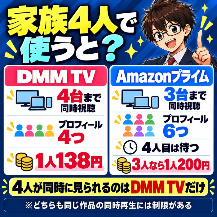 家族4人で使うとDMM TVは4台まで同時視聴・プロフィール4つで1人138円、Amazonプライムは3台まで同時視聴・プロフィール6つで4人目は待つ・3人なら1人200円。4人が同時に見られるのはDMM TVだけ