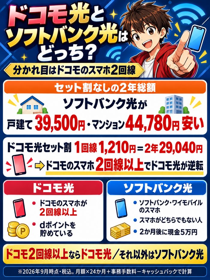 ドコモ光とソフトバンク光はどっち。分かれ目はドコモのスマホの回線数。2年総額はソフトバンク光が戸建て39,500円・マンション44,780円安いが、ドコモ光セット割1回線1,210円が2回線以上ならドコモ光が逆転。ソフトバンク・ワイモバイルの人とスマホがどちらでもない人はソフトバンク光