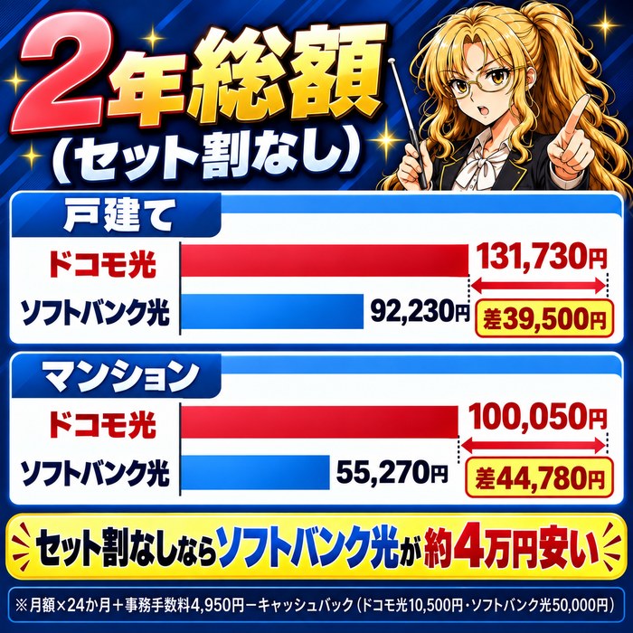 2年総額の棒グラフ。戸建てはドコモ光131,730円・ソフトバンク光92,230円で39,500円差、マンションはドコモ光100,050円・ソフトバンク光55,270円で44,780円差。セット割を入れる前の金額