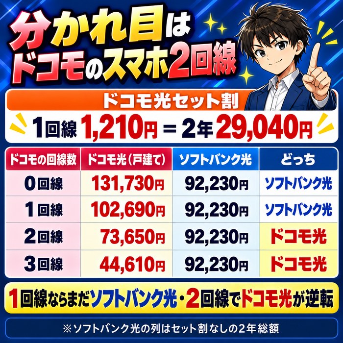 ドコモ光セット割は1回線1,210円で2年29,040円。1回線ならソフトバンク光がまだ安く、2回線でドコモ光が逆転、3回線なら戸建てでドコモ光が47,620円安い。分かれ目はドコモのスマホ2回線