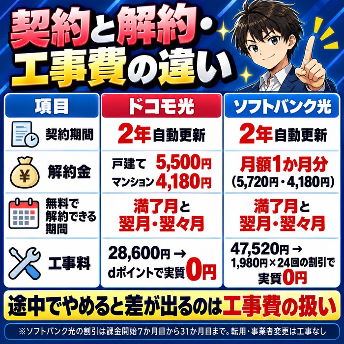 契約と解約の違い。どちらも2年自動更新。解約金はドコモ光が戸建て5,500円・マンション4,180円、ソフトバンク光は月額1か月分の5,720円・4,180円。工事料はドコモ光28,600円をdポイントで実質0円、ソフトバンク光47,520円を1,980円×24回の割引で実質0円