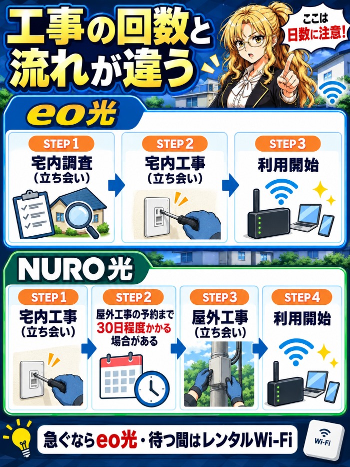 eo光は宅内調査と宅内工事、NURO光は宅内工事と屋外工事に分かれる図
