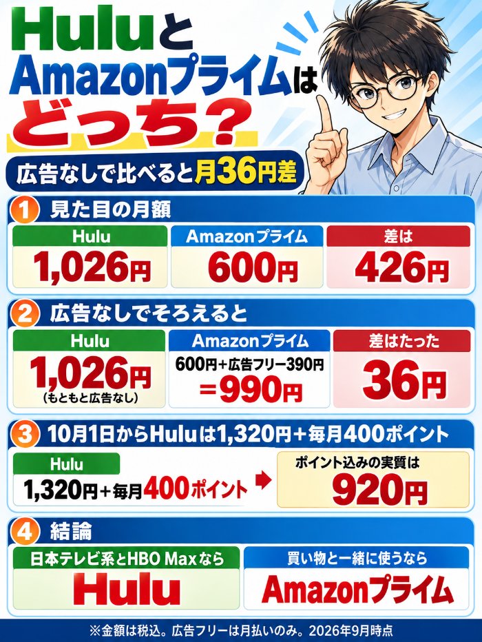 HuluとAmazonプライムは広告なしで比べると月36円差。10月1日からHuluは1,320円で毎月400ポイント付き