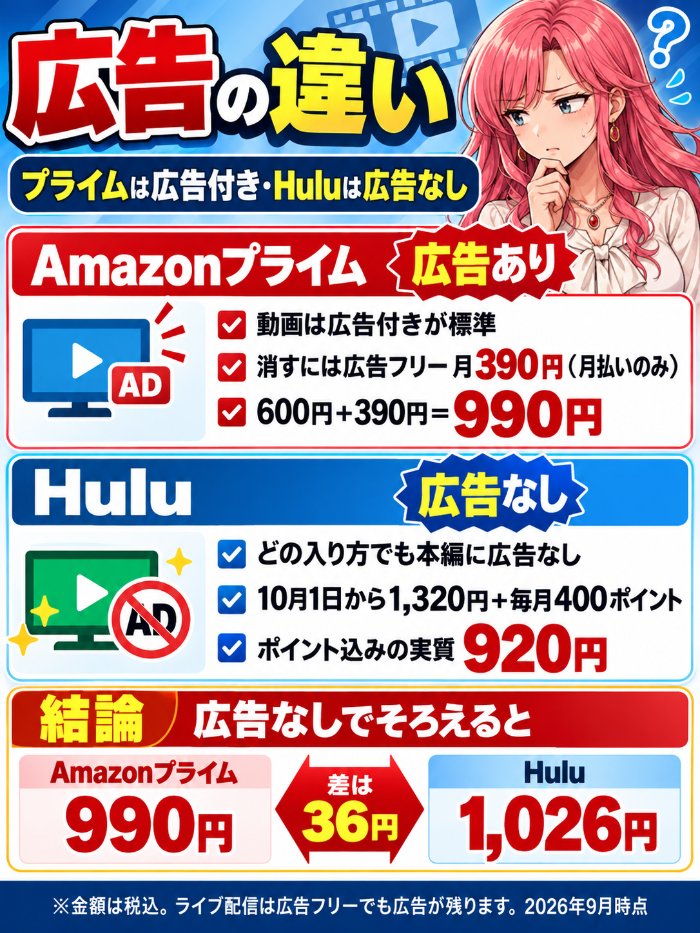 Amazonプライムの動画は広告付きで、消すには広告フリー月390円が必要。Huluはもともと広告なしなので990円と1,026円でほぼ同じ