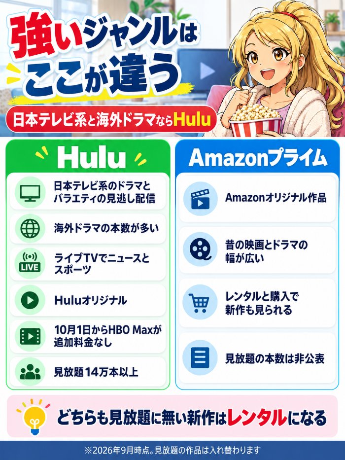 Huluが強いのは日本テレビ系のドラマとバラエティ・海外ドラマ・ライブTV・10月からのHBO Max、プライムが強いのはAmazonオリジナルと旧作の幅