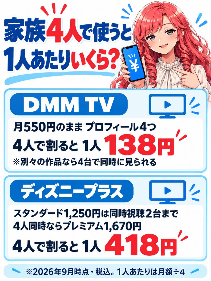 DMM TVは月550円のままプロフィール4つで4人なら1人138円。ディズニープラスはスタンダードが同時視聴2台までなので4人同時ならプレミアム1,670円で1人418円
