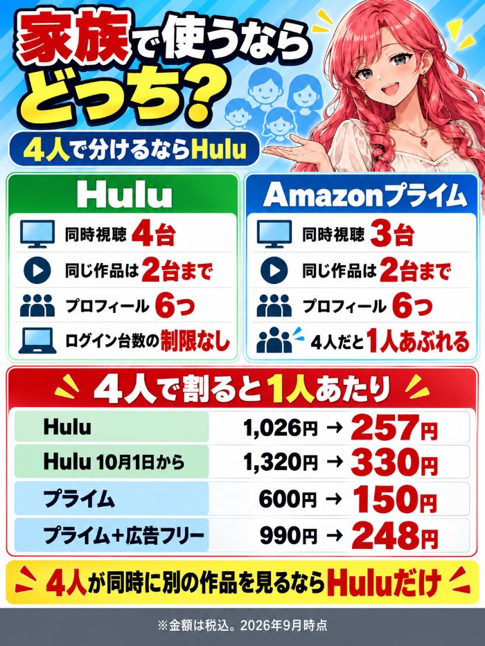 同時視聴はHuluが4台、Amazonプライムが3台。家族4人で割ると1人あたりHulu 257円・プライム150円