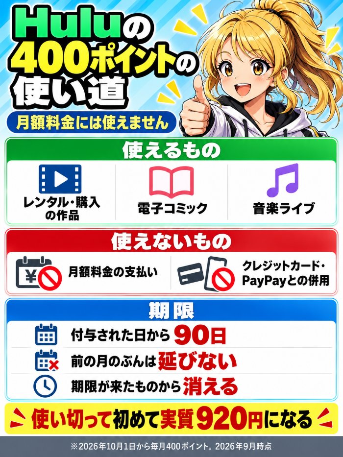 Huluの毎月400ポイントはレンタル・購入・電子コミック・音楽ライブに使えて月額料金には使えない。期限は90日
