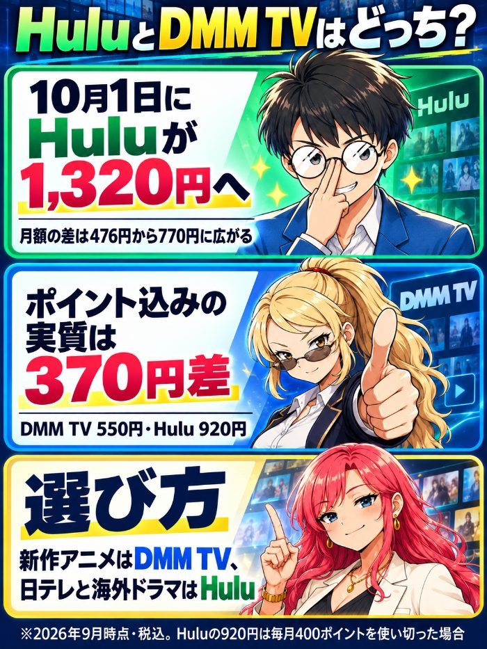 10月1日にHuluが1,320円へ上がり月額の差は476円から770円に広がるが、ポイント込みの実質はDMM TV 550円とHulu 920円で370円差