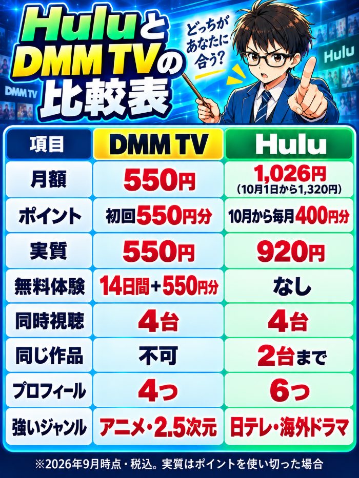 DMM TVとHuluの月額・ポイント・実質・無料体験・同時視聴・同じ作品・プロフィール・強いジャンルの比較表