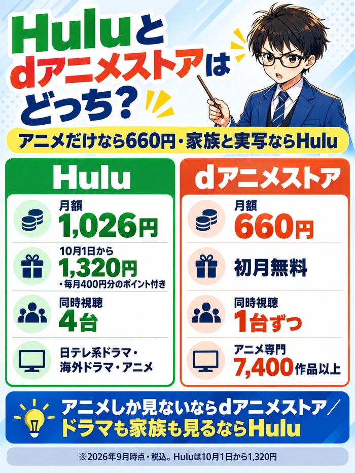 Huluとdアニメストアはどっち。Huluは月額1,026円で10月1日から1,320円と毎月400円分のポイント付き・同時視聴4台・日テレ系ドラマと海外ドラマ、dアニメストアは月額660円・初月無料・同時視聴1台ずつ・アニメ専門7,400作品以上。アニメしか見ないならdアニメストア、ドラマも家族も見るならHulu