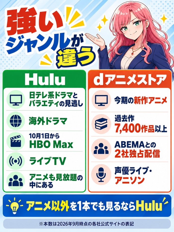 Huluが強いのは日テレ系ドラマとバラエティの見逃し・海外ドラマ・10月1日からのHBO Max・ライブTVで、アニメも見放題の中にある。dアニメストアが強いのは今期の新作アニメ・過去作7,400作品以上・ABEMAとの2社独占配信・声優ライブとアニソン