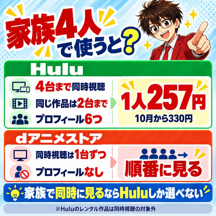 家族4人で使うとHuluは4台まで同時視聴・同じ作品は2台・プロフィール6つで1人257円(10月から330円)、dアニメストアは同時視聴1台ずつでプロフィールがなく順番に見る