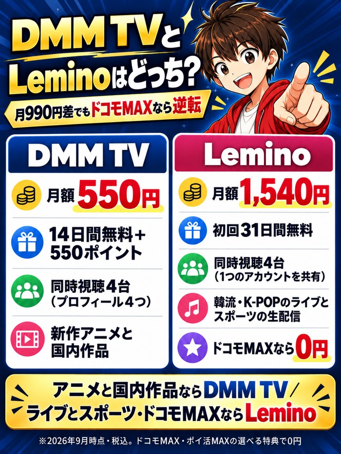 DMM TVとLeminoはどっち。DMM TVは月額550円・14日間無料と550ポイント・同時視聴4台・新作アニメと国内作品、Leminoは月額1,540円・初回31日間無料・同時視聴4台・韓流とK-POPのライブとスポーツの生配信・ドコモMAXなら0円。アニメと国内作品を安く見るならDMM TV、ライブとスポーツ・ドコモMAXの人はLemino