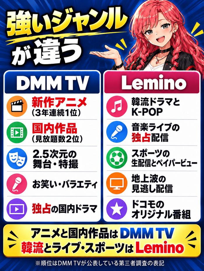 DMM TVが強いのは新作アニメ(3年連続1位)・国内作品(見放題数2位)・2.5次元の舞台と特撮・お笑いとバラエティ・独占の国内ドラマ。Leminoが強いのは韓流ドラマとK-POP・音楽ライブの独占配信・スポーツの生配信とペイパービュー・地上波の見逃し配信・ドコモのオリジナル番組