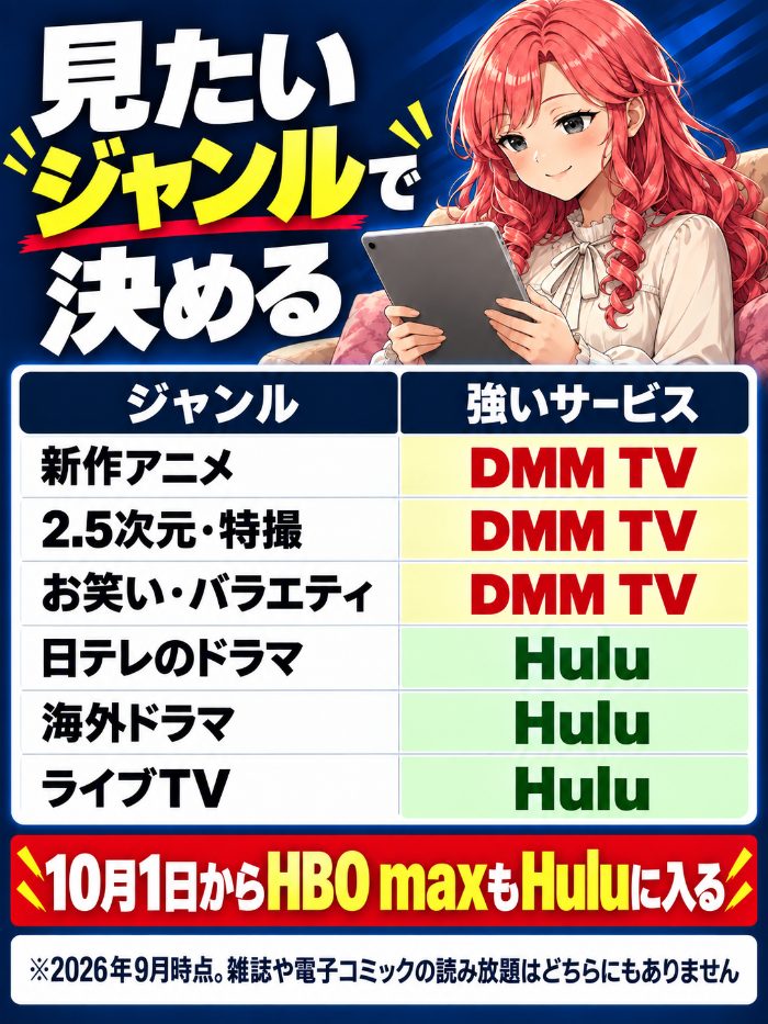 新作アニメと2.5次元・特撮、お笑いはDMM TV、日テレのドラマと海外ドラマ、ライブTVはHulu。10月1日からHBO maxもHuluに入る