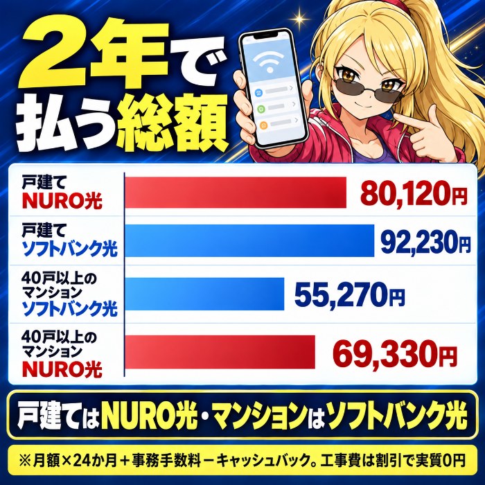 2年総額の棒グラフ。戸建てはNURO光80,120円・ソフトバンク光92,230円、40戸以上のマンションはソフトバンク光55,270円・NURO光69,330円