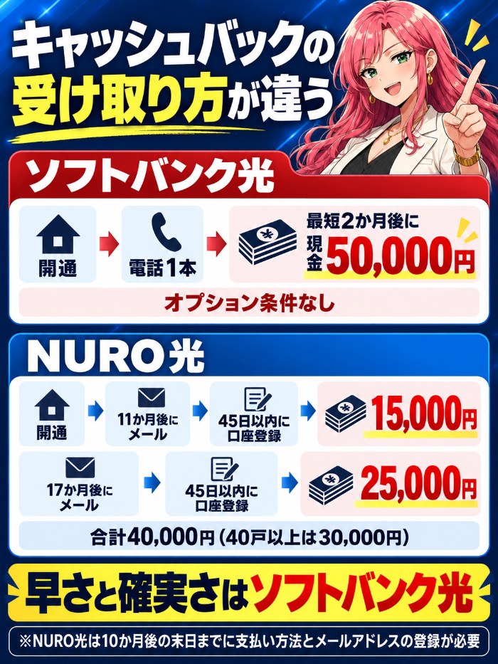 キャッシュバックの受け取り方。ソフトバンク光は開通後の電話1本で最短2か月後に現金5万円、NURO光は開通11か月後に15,000円・17か月後に25,000円でメールから45日以内に口座登録