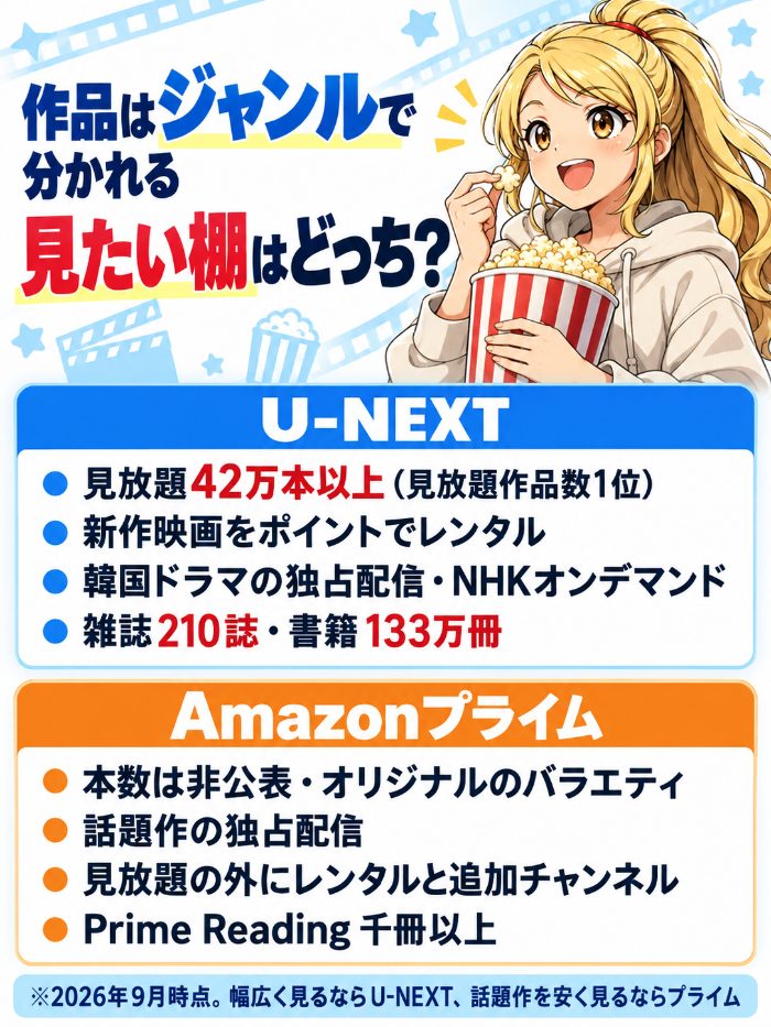 U-NEXTは見放題42万本以上で1位・新作映画をポイントでレンタル・韓国ドラマの独占とNHKオンデマンド・雑誌210誌と書籍133万冊。Amazonプライムは本数非公表でオリジナルのバラエティ・話題作の独占配信・レンタルと追加チャンネル・Prime Reading千冊以上
