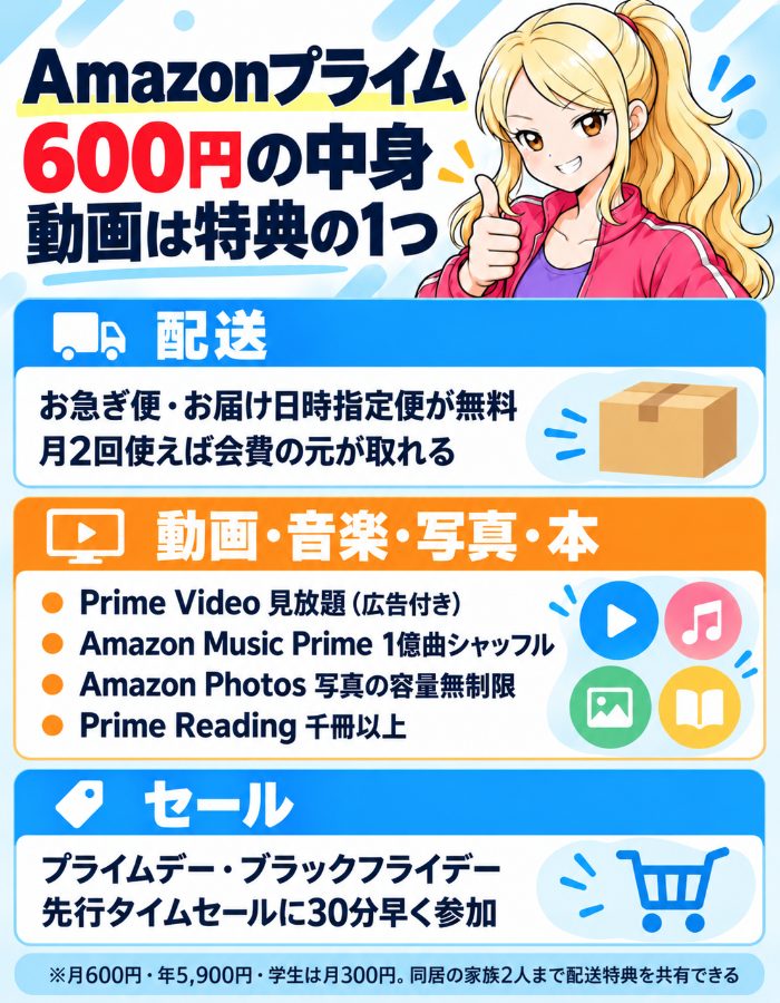 Amazonプライム月600円の中身は、お急ぎ便とお届け日時指定便の無料、Prime Videoの見放題(広告付き)、Amazon Music Primeの1億曲シャッフル、Amazon Photosの容量無制限、Prime Reading千冊以上、プライムデーとブラックフライデー、先行タイムセール