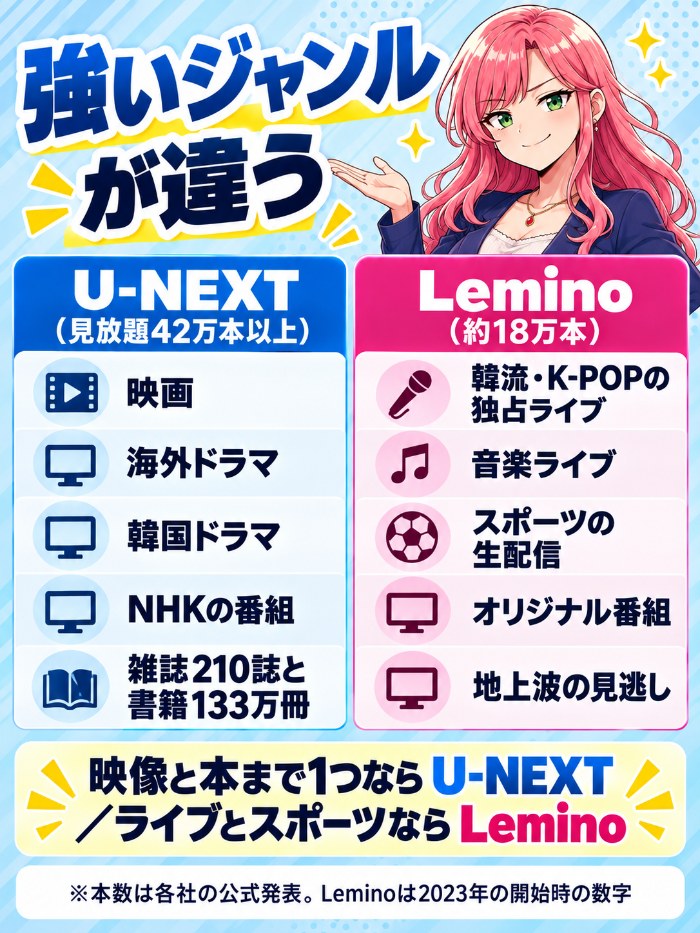 U-NEXTが強いのは映画・海外ドラマ・韓国ドラマ・NHK・雑誌と書籍、Leminoが強いのは韓流・K-POP・音楽ライブ・スポーツ生配信・オリジナル番組