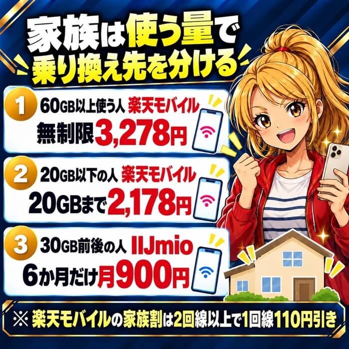 家族は使う量で分ける。60GB以上は楽天モバイル無制限3,278円、20GB以下は楽天モバイル2,178円、30GB前後はIIJmio6か月900円