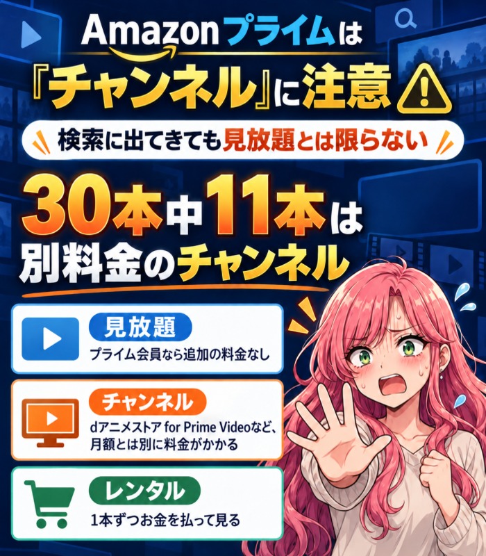 Amazonプライムの見放題・チャンネル・レンタルの違いの図解