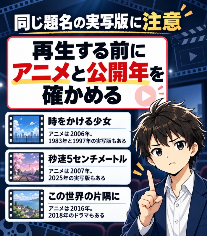 時をかける少女などアニメと実写で同じ題名がある作品の注意の図解