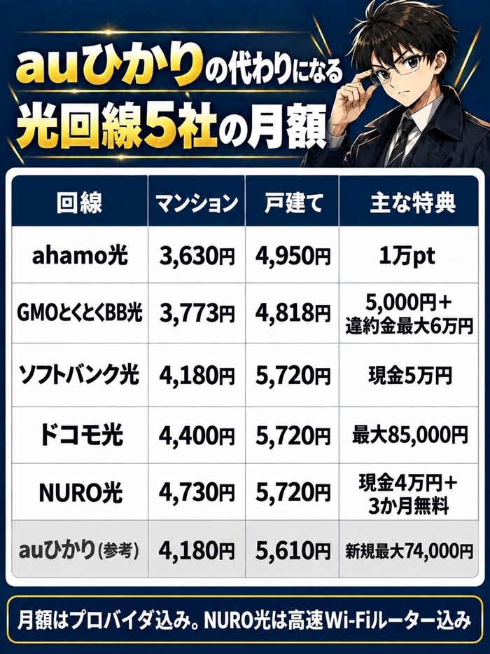 auひかりの代わりになる光回線5社の月額。ahamo光3,630円・GMOとくとくBB光3,773円・ソフトバンク光4,180円・ドコモ光4,400円・NURO光4,730円（高速Wi-Fiルーター込み）（マンション）と戸建ての月額、主な特典