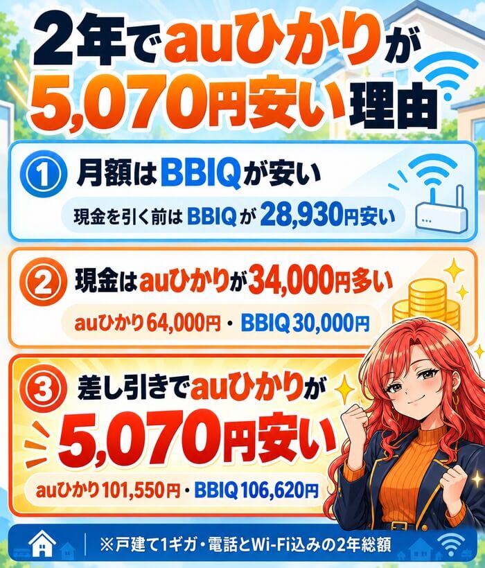 2年でauひかりが5,070円安い理由(月額はBBIQが安いが現金はauひかりが34,000円多い・auひかり101,550円・BBIQ106,620円)